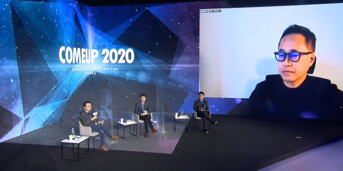 (Left) Sung Jin Choi (executive director of Korea Startup Forum), Channy Yun (Principal Tech Evangelist at Amazon Web Services (AWS)), Jun Seung Lee (CEO of Shopl & Company), and Bo Hwang (Vice President of Saltlux) discussing the future of work in collaboration with AI during COMEUP 2020.