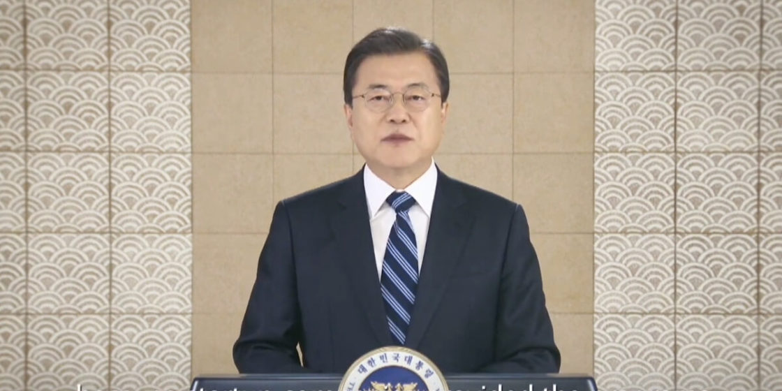 President Moon jae-in giving a congratulatory message during the virtual COMEUP 2020 event